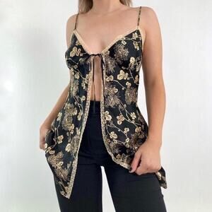 Victoria’s Secret Lingerie Babydoll Tie Front Size Small Black Gold Floral Lace